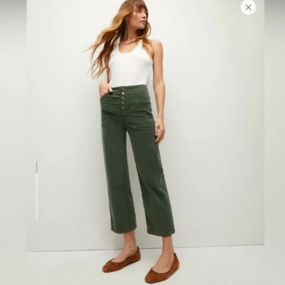 NWOT Veronica Beard Crosbie Wide Leg Button Crop Clover Green Corduroy Pants 28 - Picture 2 of 12